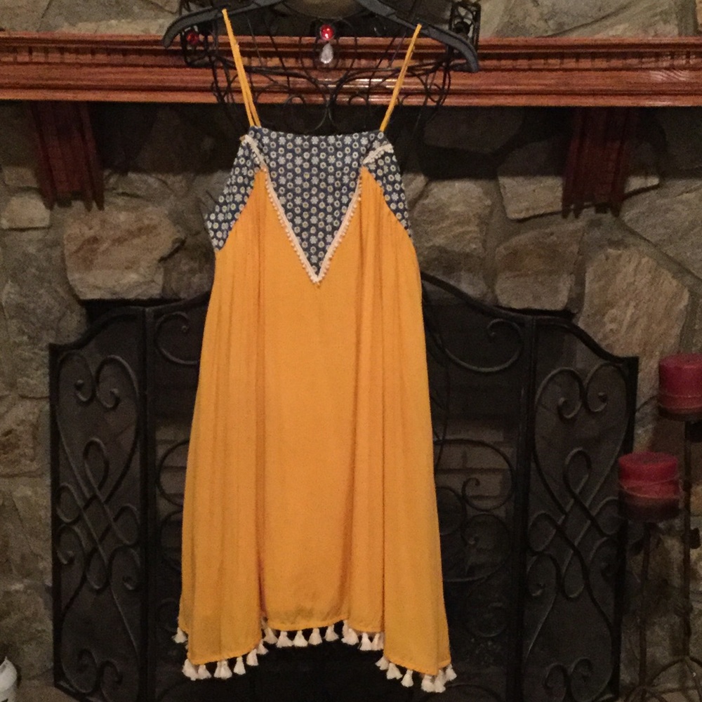 BOHO Sundress YELLOW with Blue & White Trim adjustable straps tassel bottom SM